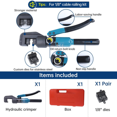 Custom Cable Railing Crimping Tool Hydraulic Crimper For One Eighth Inch Stainless Steel Cable Railing Kit Swaging Tool CR09 shown with included items