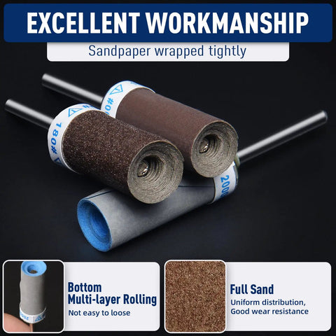 Ten Piece Hella Fine Grit Sanding Drum Bits For Rotary Tools With One Eighth Shank, showcasing tightly wrapped sandpaper drum bits.