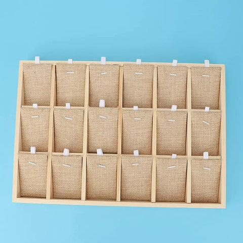 Top Shelf Wooden Jewelry Display Tray With Plush Velvet Lining For Earrings Bangles And Necklaces 18 Slot Pine Wood Storage Rack with burlap compartments.