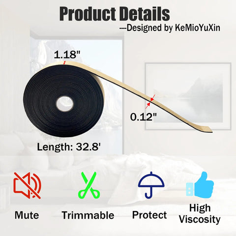 Heavy Duty Anti Squeak Tape For Queen Bed Slats 0.12 Thick X 1.18 Wide X 32.8 Ft displayed with measurements on a bright background.