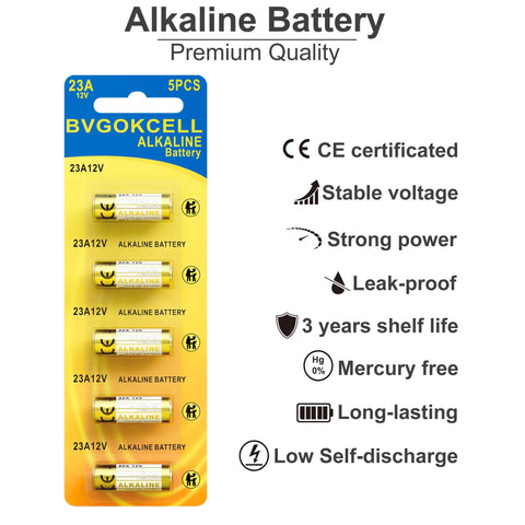 Top-Shelf 23A 12V Alkaline Batteries 5-Pack MN21, leak-proof cell aligned in packaging, ideal for garage door and toys.