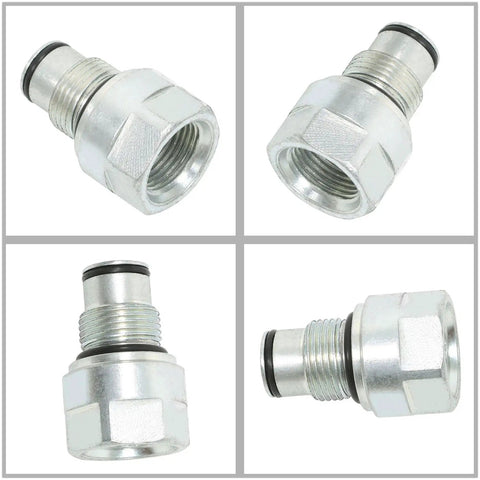 High Pressure Hydraulic Adapter Plug For Closed Center Valve Systems Built To Last Steel Construction 1-1/16-12UNF Interface Compatible With 21 GPM Control Valves And Hydraulic Directional Control Valve Accessories, showing different views of steel construction.