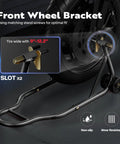 Beefy Heavy Duty Universal Motorcycle Stands With Front And Rear Wheel Lift 882 Lb Capacity Adjustable Swingarm Spools Paddock Stand Combo Fits BMW Suzuki Yamaha Honda Kawasaki And More Black, front wheel bracket with tire.