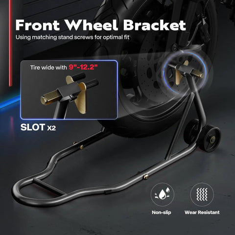 Beefy Heavy Duty Universal Motorcycle Stands With Front And Rear Wheel Lift 882 Lb Capacity Adjustable Swingarm Spools Paddock Stand Combo Fits BMW Suzuki Yamaha Honda Kawasaki And More Black, front wheel bracket with tire.