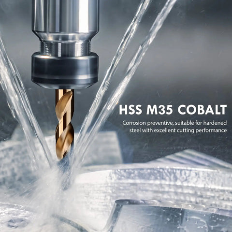 Close-up of HSS M35 cobalt drill bit cutting through steel, part of the 13 Piece M35 Cobalt Drill Bit Set 1.5mm To 6.5mm HSS Cobalt Jobber Bits For Tough Metals Stainless Steel Cast Iron Wood And Plastics In A Handy Plastic Index Box.