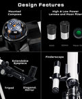 Beginner Kids Telescope With Built In Compass For Super Easy Space Watching And Terrestrial Clues, Refractor Astronomical Scope, 100x Magnification, 400mm Focal Length, Finderscope, Durable Aluminum Tube, with compass, eyepieces, tripod and mirror