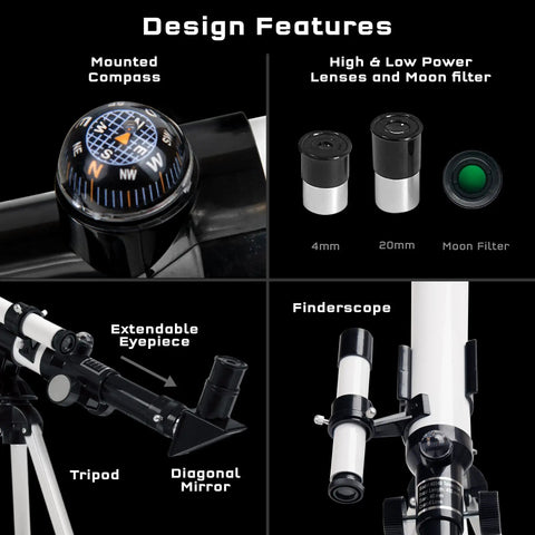 Beginner Kids Telescope With Built In Compass For Super Easy Space Watching And Terrestrial Clues, Refractor Astronomical Scope, 100x Magnification, 400mm Focal Length, Finderscope, Durable Aluminum Tube, with compass, eyepieces, tripod and mirror