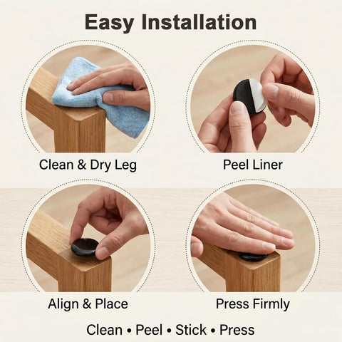 Skip The Drag With Self Adhesive Furniture Sliders installation steps on wood legs, cleaning and pressing for use.