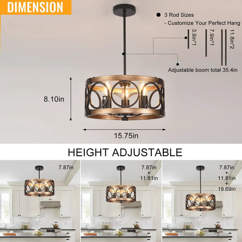 Six Light Dining Room Chandelier Over Table With Adjustable Height, Dope Black Farmhouse Drum Pendant Light dimensions