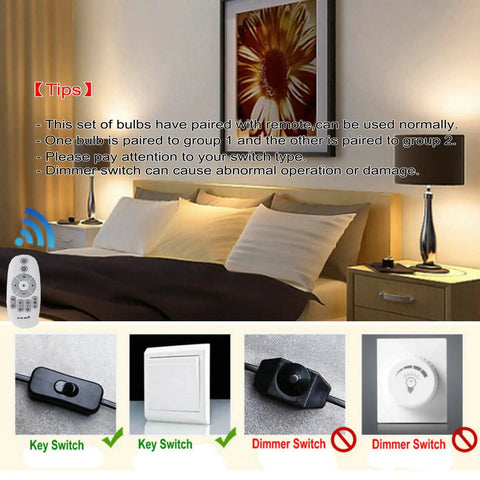 Dimmable LED Bulbs 12W E26 With 2.4G Wireless 3 Zone Remote Control in bedroom setting, showing bulbs and remote functionality