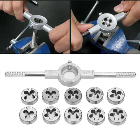 Heavy Duty M6 To M12 Screw Thread Tap Die Set For Manual Threading With Precision Machined CNC Dies And Steel Hand Wrench Tool Kit For Mechanics, M6-M12 dies