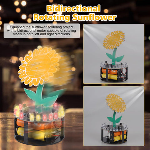 Light Chasing Sunflower Soldering Kit With RGB LED Flashing Lights and bidirectional rotation, showcased in a classroom setting.