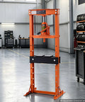 Rock Solid 12 Ton H Frame Shop Press Built Tough As Nails With Smooth Hydraulic Bottle Jack in garage setting.