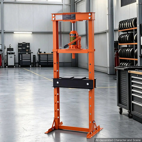 Rock Solid 12 Ton H Frame Shop Press Built Tough As Nails With Smooth Hydraulic Bottle Jack in garage setting.