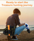 Person on beach with Treasure Hunting Kit With Metal Detector Pinpointer Sand Scoop Shovel Waterproof Gloves Finds Bag And Storage Pouch.