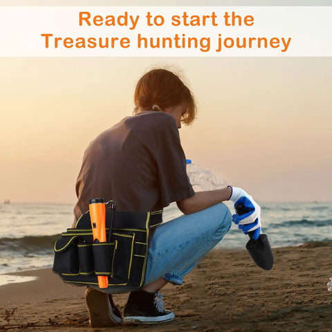 Person on beach with Treasure Hunting Kit With Metal Detector Pinpointer Sand Scoop Shovel Waterproof Gloves Finds Bag And Storage Pouch.