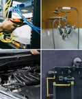 Collage of images showing network cables, bathroom faucet, car engine, and industrial piping fitting.