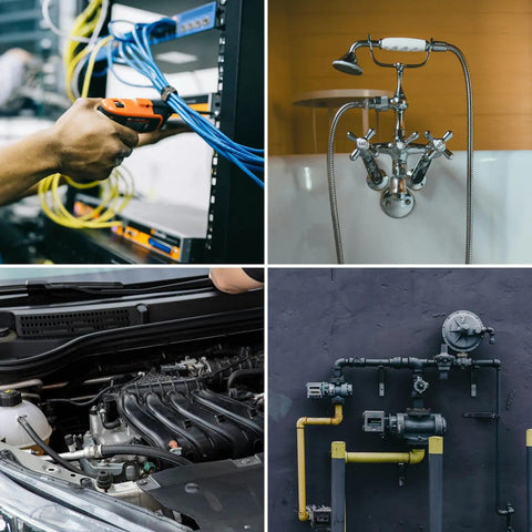 Collage of images showing network cables, bathroom faucet, car engine, and industrial piping fitting.