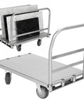 Heavy Duty Steel Platform Truck With Triple Side Rails And Locking Swivel Casters Two Thousand Five Hundred Pound Capacity Crushing Heavy Loads Rolls Smooth Built Tough Shop Floor Mobile Cargo Cart with marble slabs.