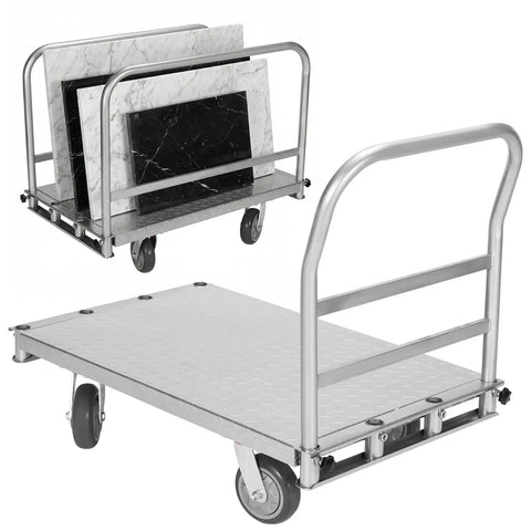 Heavy Duty Steel Platform Truck With Triple Side Rails And Locking Swivel Casters Two Thousand Five Hundred Pound Capacity Crushing Heavy Loads Rolls Smooth Built Tough Shop Floor Mobile Cargo Cart with marble slabs.