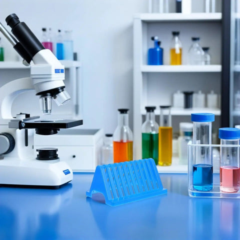 Cool Homoyoyo Lab Slide Drying Rack Pack in a lab with microscope and colorful glassware on the counter.