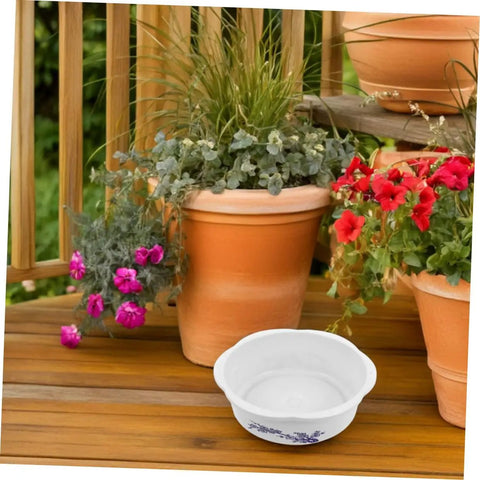 Four Piece Bowl Planter Set For Water Lilies, Lotus And Daffodils Hydroponic Flower Pots For Indoor Gardens, Low Maintenance, No Fuss Watering, Easy Decor For Home Or Office, Versatile Plant Pot Combo white ceramic bowl planter on wooden deck