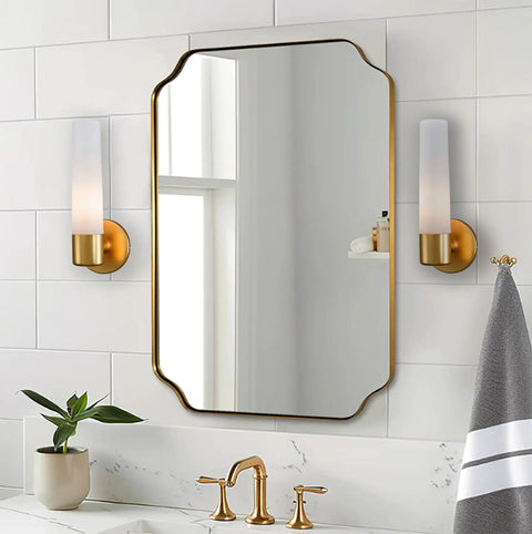 Bathroom with Saber Wall Sconce 1 Light 60W Max Honey Gold Finish 12.5 Inch High 4.75 Inch Wide Dimmable on each side of mirror