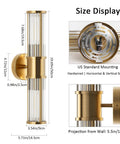 Klighten Hardwired Wall Sconce Modern Brushed Brass Bathroom Vanity Light size display with vertical and horizontal mounting details.