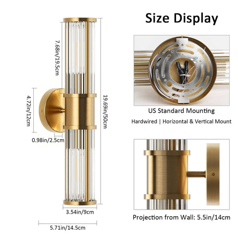 Klighten Hardwired Wall Sconce Modern Brushed Brass Bathroom Vanity Light size display with vertical and horizontal mounting details.