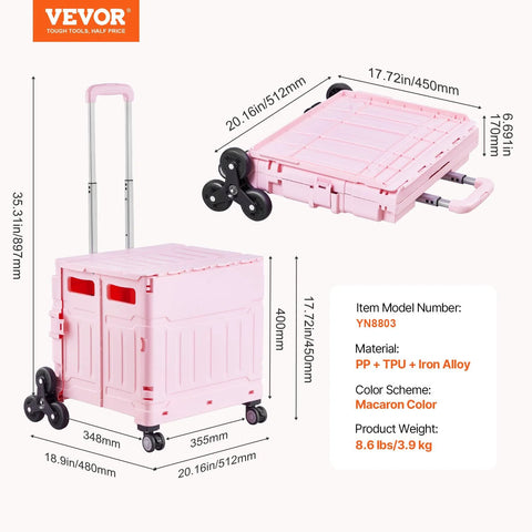 Foldable Utility Cart 65L Portable Crate Rolling Cart with Stair Climbing Wheels and 360 Degree Swivel Wheels Telescoping Handle Pink