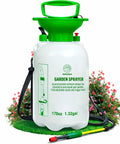 1.3 Gallon Pump Sprayer with Adjustable Nozzle and Shoulder Strap for Lawn and Garden Care on grass with flowers