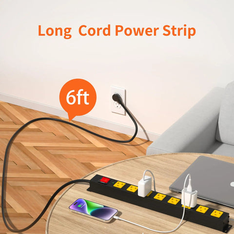 Built Tough Heavy Duty 8 Outlet Power Strip With 2100J Surge Protector, 6 Ft Cord, Wide Spaced Outlets, Wall Mountable Metal Power Strip For Home Office, Garage, And Workshop With Auto Shutdown Fuse 6ft cord shown