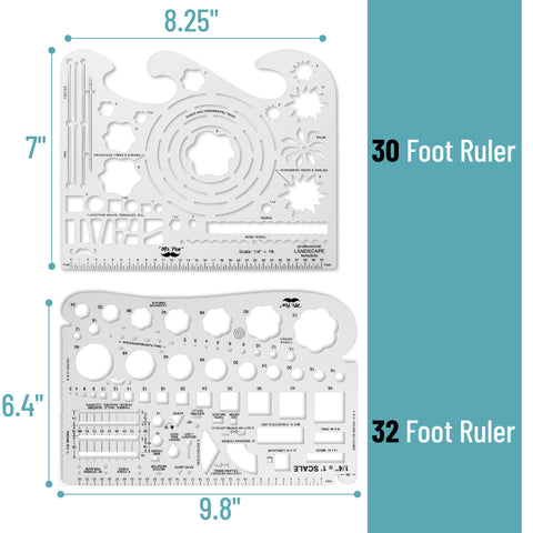 Knockout Two Piece Landscape And Yard Design Template Set Featuring Dead Accurate One Quarter Inch Scale flexible drafting stencils on a table.