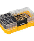 DeWALT 14-piece titanium nitride drill bit set in yellow storage case, front view.