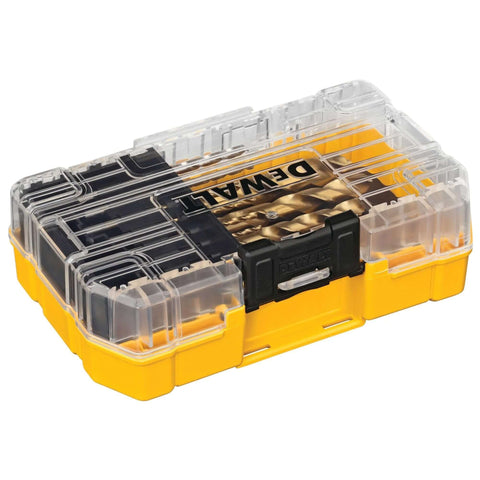 DeWALT 14-piece titanium nitride drill bit set in yellow storage case, front view.
