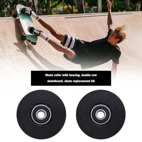 Skateboarder performing trick with 4 Pack 54mm Quad Roller Skate Wheels 80A Hardness With ABEC Nine Bearings Black Durable PU Replacement.