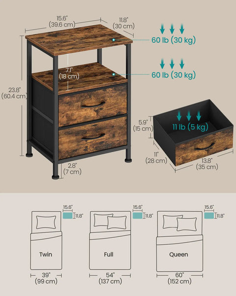 Top Tier Modern Nightstand With Two Spacious Drawers Sleek Steel And Wood Blend For Extra Bedroom Storage Durable Polyester Fabric Finish dimensions and features