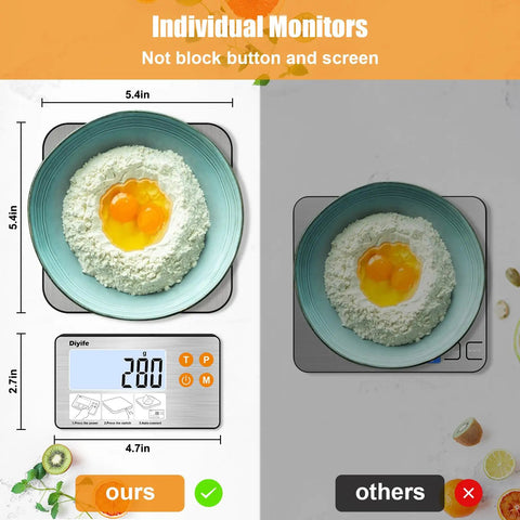 Pro Grade 33 Lb Digital Kitchen Scale With Split Display And Backlit LCD, showing eggs on flour in bowl with easy tare feature