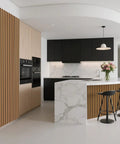 Roll Flexible Acoustic Wood Slat Wall Panels Teak Finish Sound Absorbing Polyester Felt Backing decorating a modern kitchen