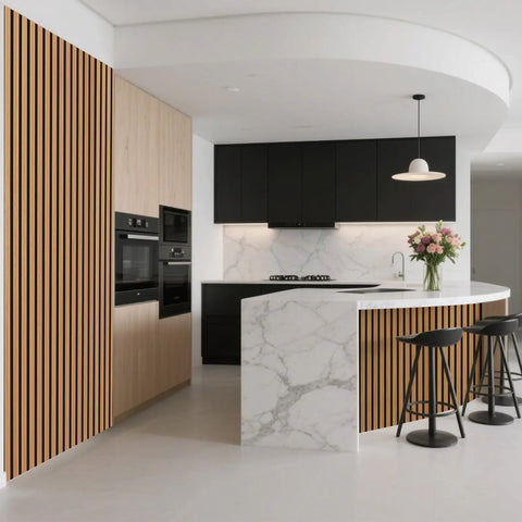 Roll Flexible Acoustic Wood Slat Wall Panels Teak Finish Sound Absorbing Polyester Felt Backing decorating a modern kitchen