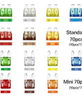 Assorted fuses from the 140 Piece Car Fuses Assortment Kit with Standard and Mini Blade Fuses 5A to 30A for cars and more.