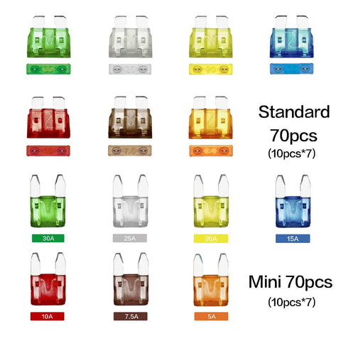 Assorted fuses from the 140 Piece Car Fuses Assortment Kit with Standard and Mini Blade Fuses 5A to 30A for cars and more.