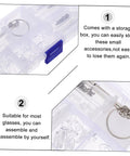 Clear storage box containing Eyeglasses Repair Tool Kit With Screws, Mini Screwdrivers, and Replacement Nose Pads for DIY fixes