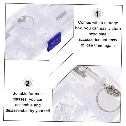 Clear storage box containing Eyeglasses Repair Tool Kit With Screws, Mini Screwdrivers, and Replacement Nose Pads for DIY fixes