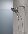 Two In One Dual Shower Head With Handheld Spray In Chrome, Detachable Shower Head With Hose, mounted on tiled bathroom wall.