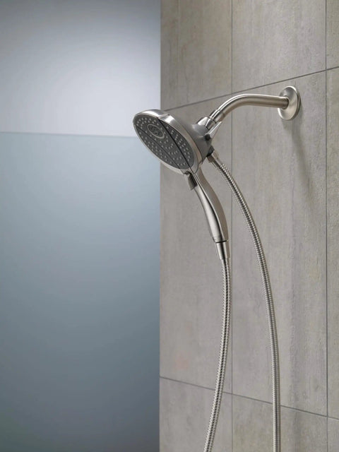 Two In One Dual Shower Head With Handheld Spray In Chrome, Detachable Shower Head With Hose, mounted on tiled bathroom wall.