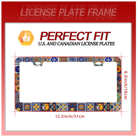 Mexican Tiles Mandala Boho License Plate Frame For Cars Stainless Steel Universal size with vibrant geometric patterns
