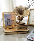 Vintage Gramophone 3D Puzzle Kit With Wooden Model DIY Music Box And Acrylic Photo Frame on a desk beside a laptop