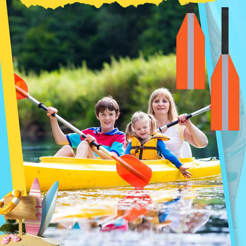 Family kayaking in calm waters with safety gear and paddles