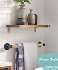 Wooden towel rack with ceramic vases on a wall shelf, featuring a shower grab bar in a modern bathroom setting.